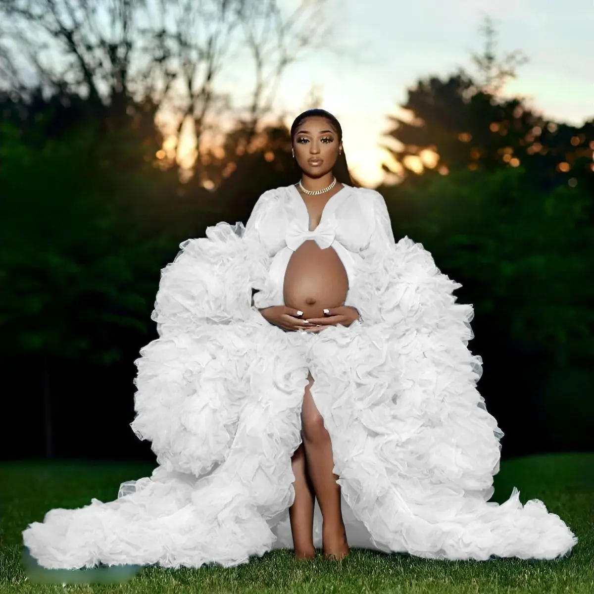 Maternity Dress for Photo Shoot - Elegant Ruffle Long Sleeve Boho Maternity Gown with Vneck and Minimalist Design
