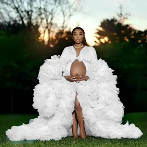 Maternity Dress for Photo Shoot - Elegant Ruffle Long Sleeve Boho Maternity Gown with Vneck and Minimalist Design