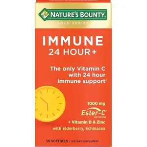 Nature's Bounty Immune 24 Hour +, The only Vitamin C with 24 Hour Immune Support from Ester-C, 1000 mg Vitamin C, D & Zinc, Gluten Free, Rapid Release Softgels, 2 Softgels per Day, 50 Count