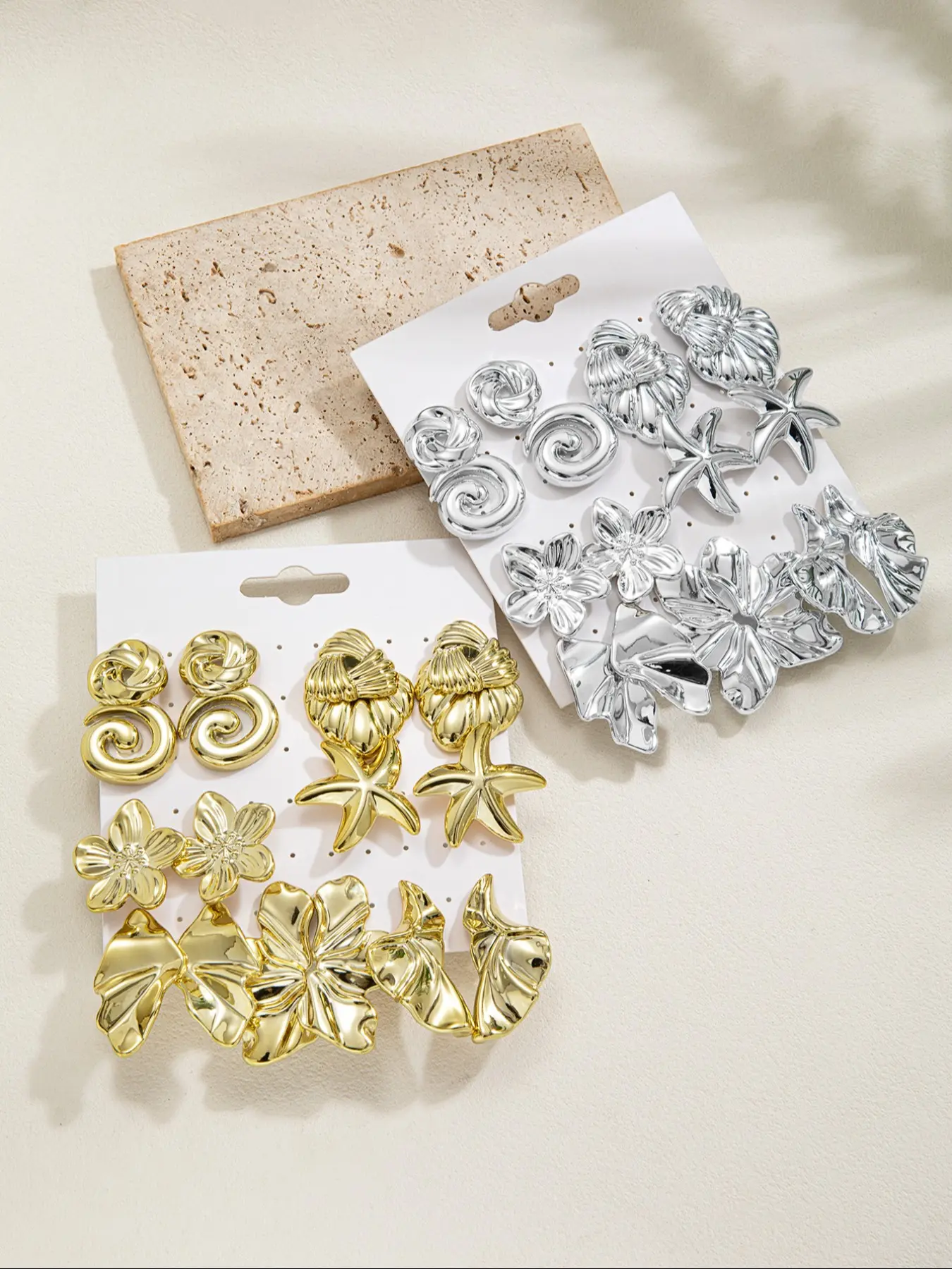 Boho Style Ccb Folded Petal Heart Earrings Set, Geometric Spiral Flower Starfish Women's Earings, Versatile Jewelry for All Occasions
