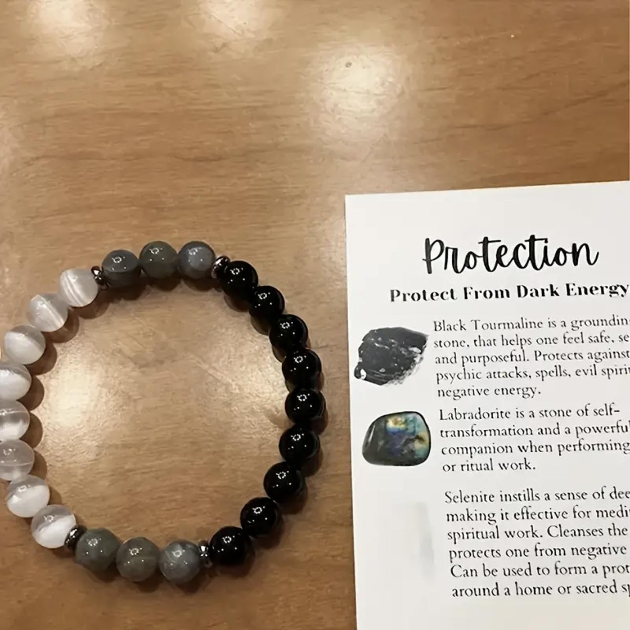 Protection Bracelet - Protect Your Aura From Negative Energies, Black Tourmaline, Selenite And Labradorite Stone Bracelet, 8mm Healing Bracelet
