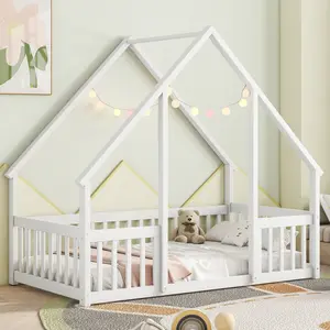 Aobtkel No mattress included.，Twin Wood House-Shaped Floor Bed with Fence, Guardrails ,Twin Size House Bed. Montessori Floor Bed Frame with Safety Guardrails & Playhouse Roof Easy Assembly Toddler Bed for Boys and Girls.