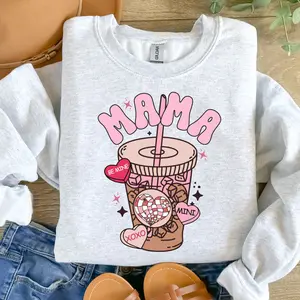 Women's Comfy Vintage Mum Iced Coffee Sweatshirt - Ash Grey, Sublimation Jersey Fabric, Valentine's Day Top