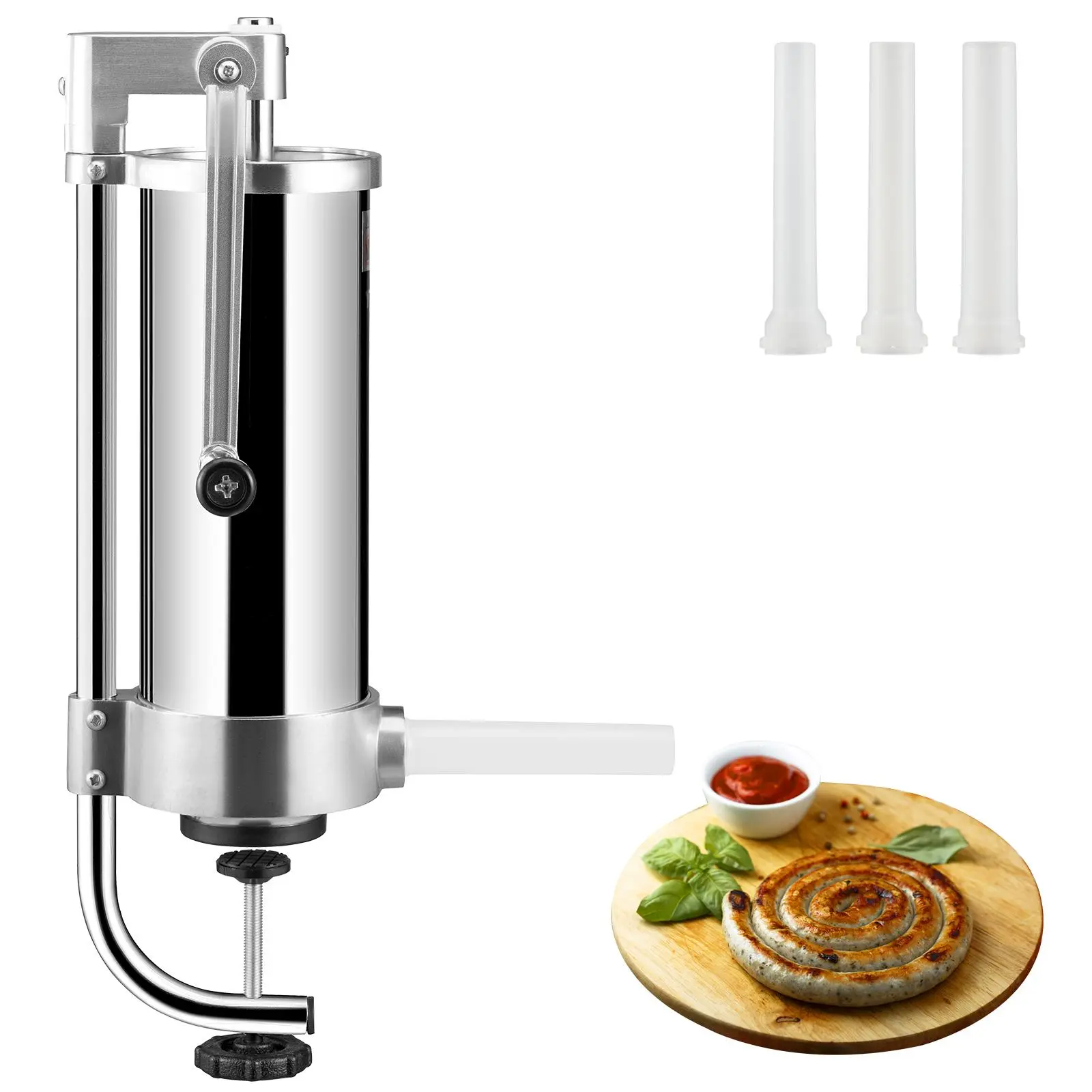 VEVOR Sausage Stuffer,  5LBS/3L Capacity, 304 Stainless Steel Vertical Sausage Stuffer, Sausage Filling Machine with 3 Stuffing Tubes, Suction Base and Manual Crank for Household or Commercial Use Kitchen Meat