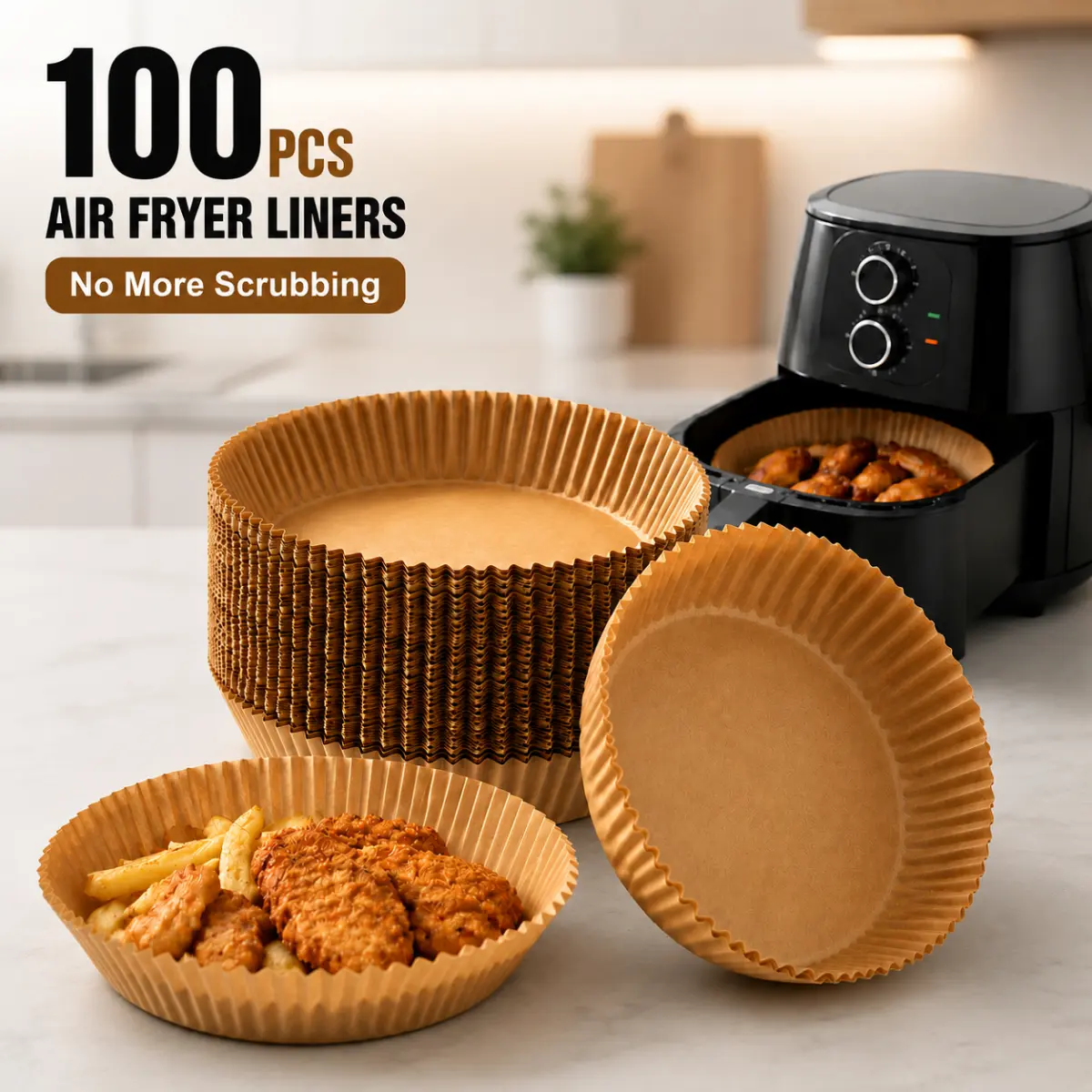 100PCS Disposable Air Fryer Liners - 6.3-7.9 In Round Food-Safe Silicone Nonstick Parchments, Disposable Parchment Paper, Oil-Resistant Kitchen Bakeware Accessories for Easy Cleanup Cooking Baking, Round Shape