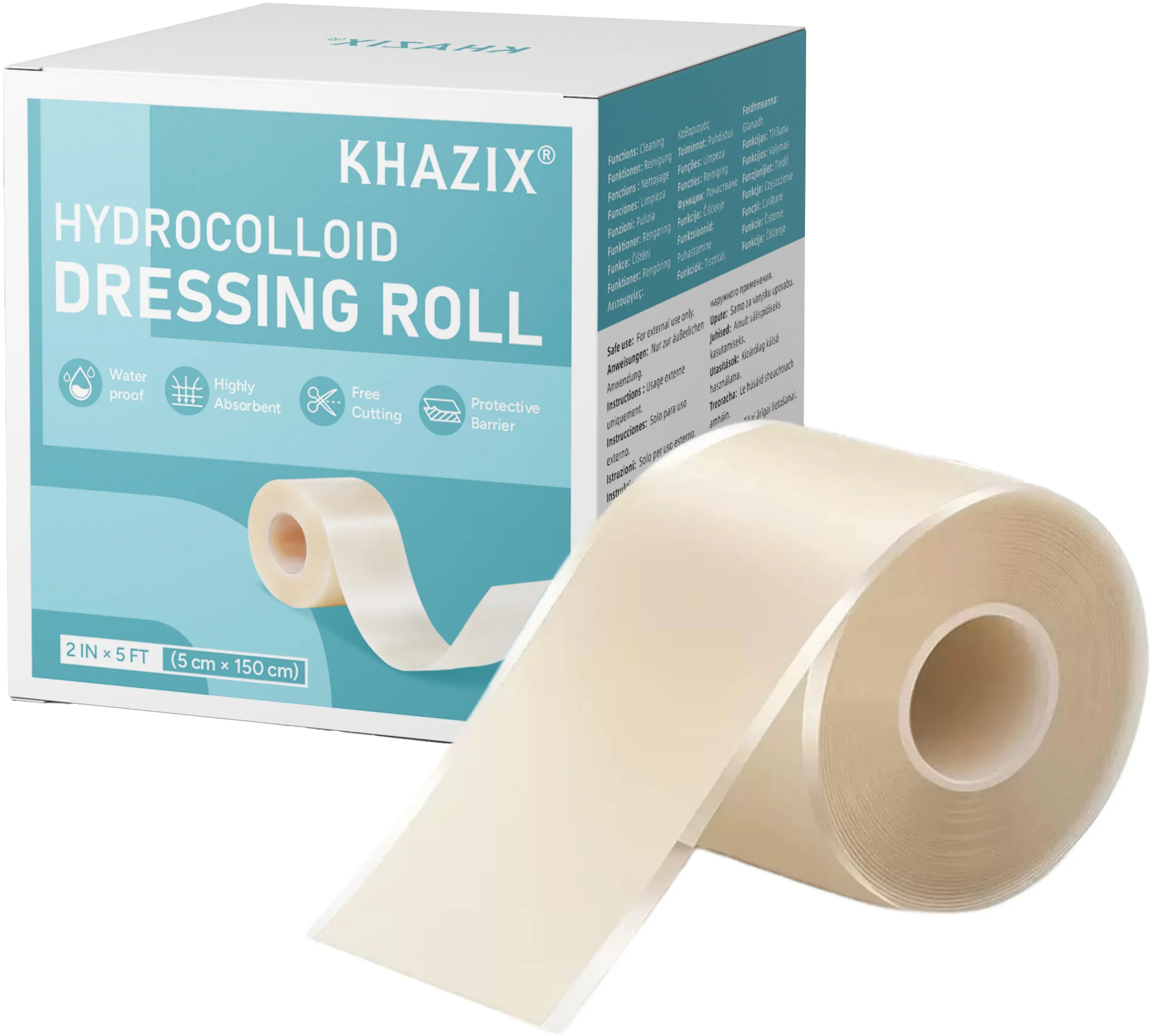 Hydrocolloid Wound Care Roll, Self-Adhesive Alcohol-Free Hypoallergenic Waterproof Band Aids, Customizable Size Highly Absorbent Wound Care Supplies (2 in x 5 ft/5cm x 150cm, 36 Months Shelf Life)