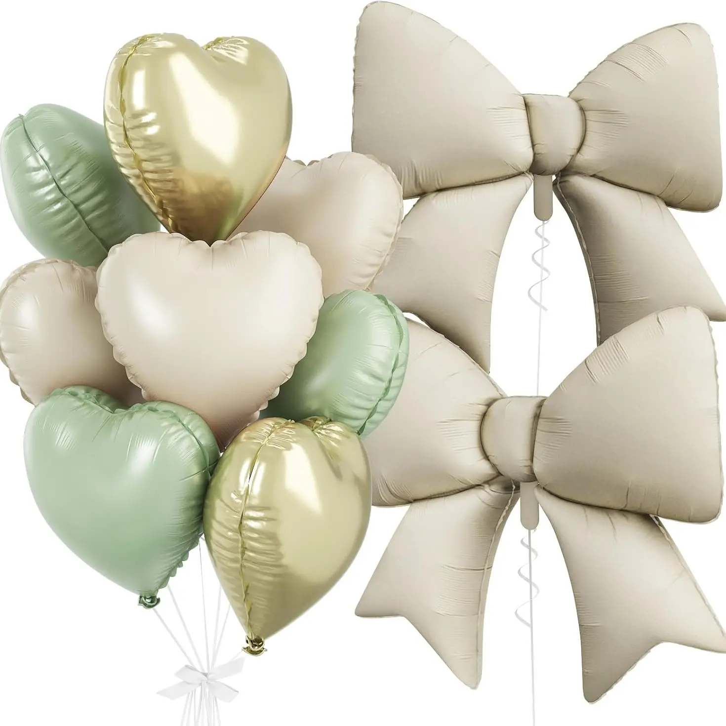 Sage Green Gold Heart Balloons, Foil Bow Balloons, 10Pcs 18 Inch Heart Shaped Balloon and 38 Inch Helium Cream Bow Balloon for Boys Girls Baby Shower Safari Jungle Birthday Wedding Party Decor, Decorations Supplies, Balloon Set