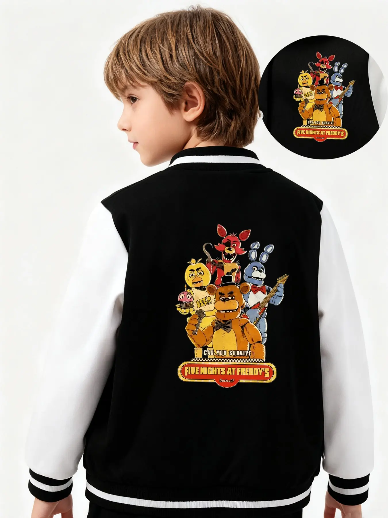 Five Nights At Freddy's (Fnaf) Game-Related Printed Boys' And Girls' Spring/Autumn New Style Cool Fall Jackets Baseball Jacket Coats And Cardigans, Fashionable, Casual, Comfortable, Suitable For Daily Outdoor Use, Great Choice For Gift Giving, Children