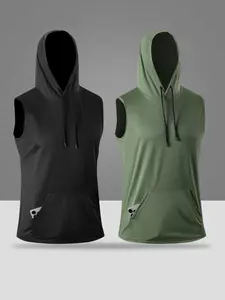 Two piece men's sleeveless hoodie with simple sporty style, featuring a hood design that adds casualness. The large front pocket conveniently holds small items like phones, and the drawstring adjusts the hood circumference to fit snugly around the head. L