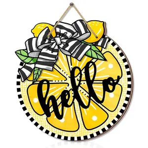 Summer Rustic Wooden Wall Art Pendants, Hello Sign, Lemon Slice, Bow, Leaf Pattern, Farmhouse Decor, Home Decoration