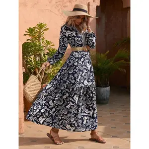 Boho Casual Soft Women's Western Style Floral Print Bishop Long Sleeve Notched Neck A-line Long Vintage Moo Moo Dresses, Bohemian Dresses for Party, Elegant Fashion Boho Casual Beach Maxi Milkmaid Dress for Vacation 80s, Lady Spring Womenswear