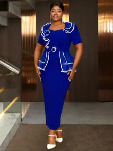 Plus Size V Neck Ruffled Short Sleeve Dress for Women, Elegant Color Block Bodycon Midi Dress for Weddings, Special Occasions and Summer