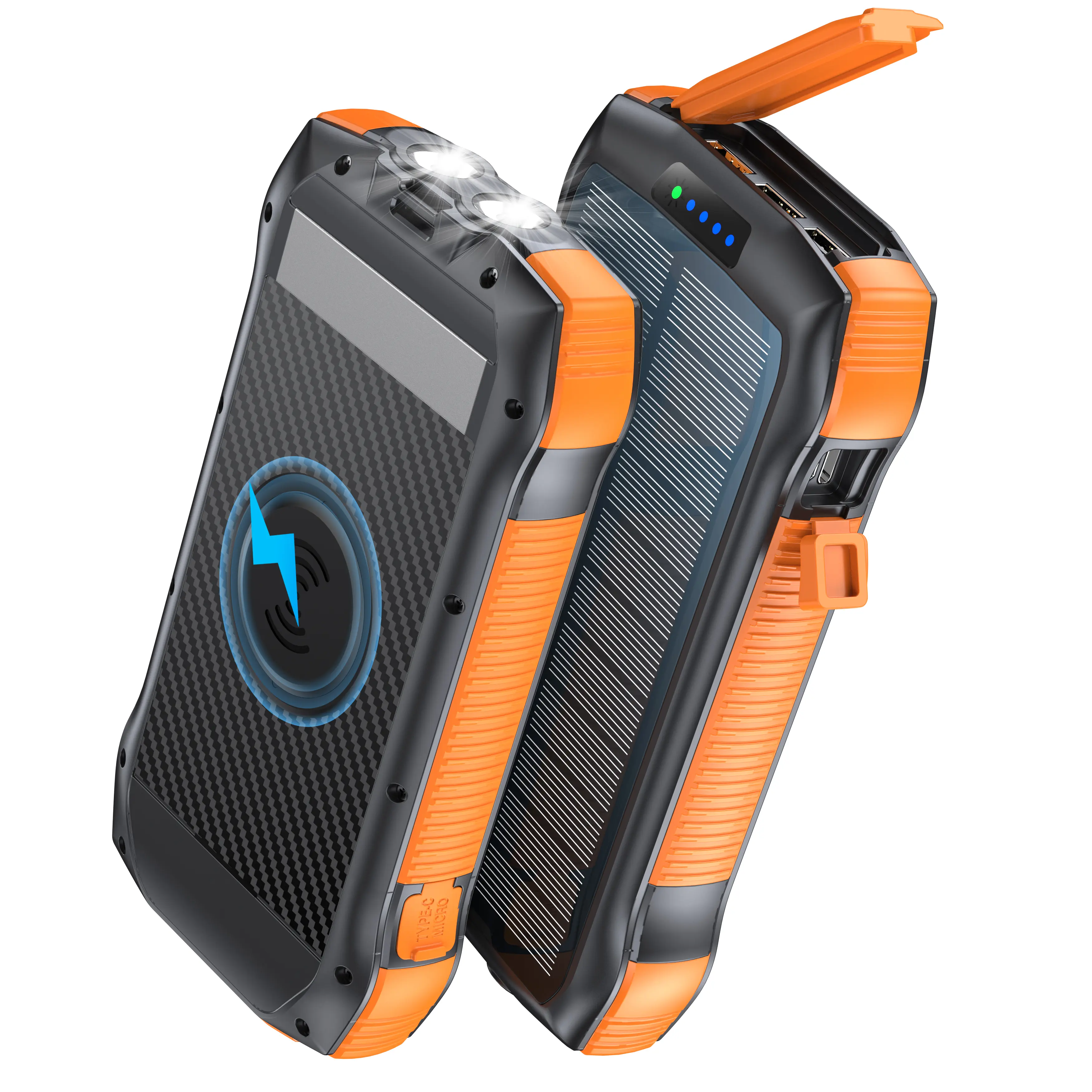 Solar Powered 33500mAh IP67 Waterproof Power Bank - 20W PD Fast Charging, 10W Wireless Charging, 5 Outputs (4 Ports Included), 3W Flashlight, USB-C/Micro USB Battery Pack for Outdoor Camping, Travel, Mobile Phones, iPhones, Samsungs, Tablets, Wireless Cha