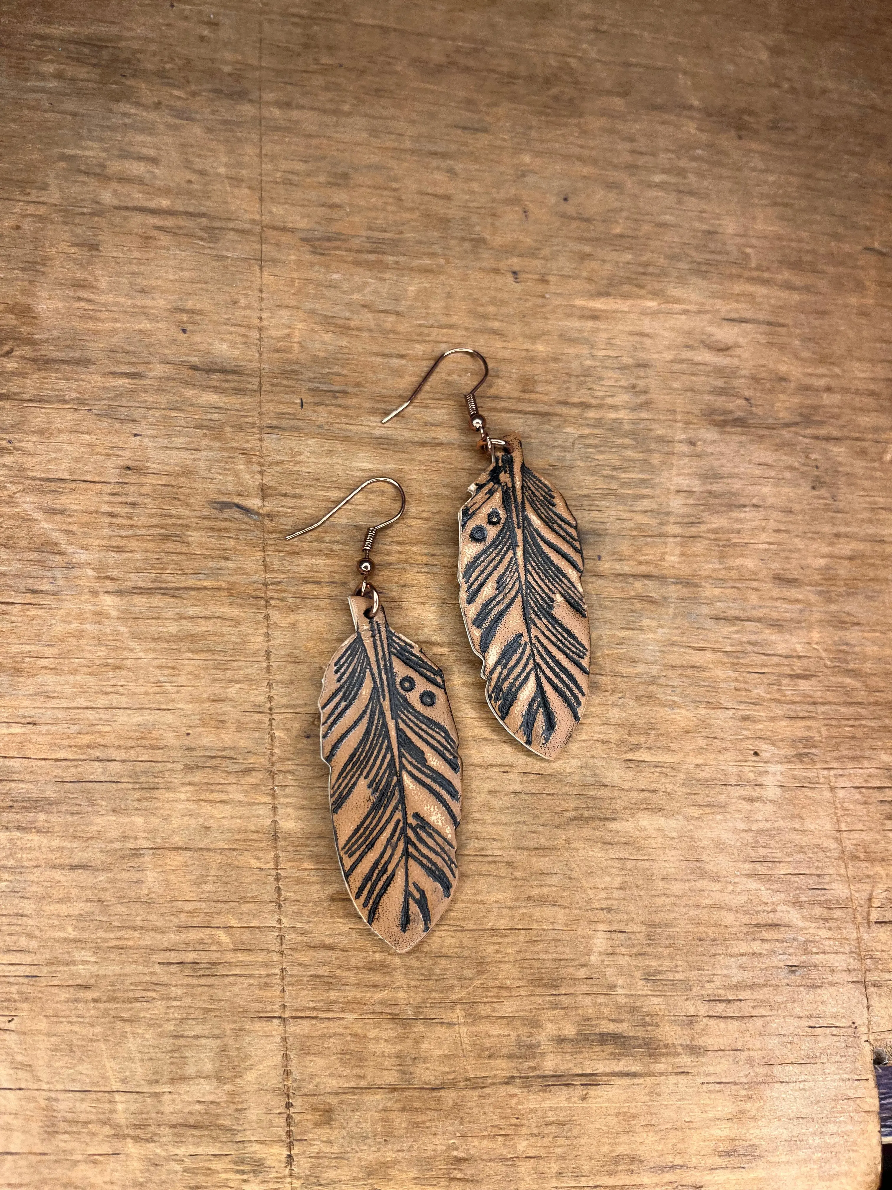 Women's Western Style Bohemian Copper Leather Feather Dangle Folk Earrings - French Hook, Fashion Costume Accessories, Western Earrings, Bohemian Earrings