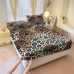 3pcs Brown Leopard Spot Fitted Sheet Set, Leopard Print Bed Set For Kids And Adults, Leopard Print Bedding Set For Kids And Adult Bedrooms, Printed With Leopard Spots, Soft Bedding For All Seasons, No Filling, Leopard Print Fitted Sheets