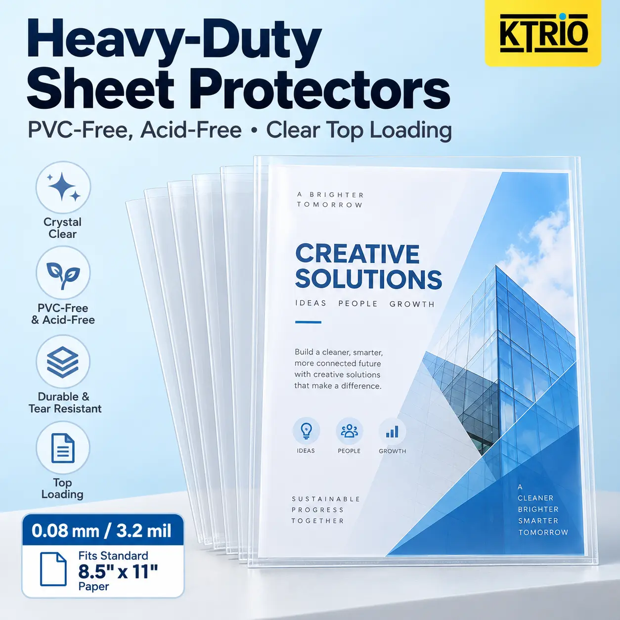 KTRIO No-Hole Sheet Protectors, Clear 8.5 x 11 Letter Size Document Sleeves, 3.2 Mil Extra Thick Top Loading Polypropylene Page Protectors for Photos, Certificates, Reports, Recipes & Office Papers, 50/100 Pack