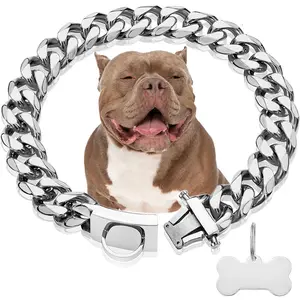 Dog Chain Collar Walking Metal Collar with Design Secure Buckle Cuban Link Strong Heavy Duty Chew Proof for Large Dogs(19MM, 22")