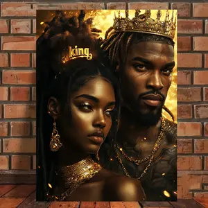 A Wooden Frame African American King and Queen Canvas Mural-Black Art Paintings, King and Queen Crown Art, Suitable for Adult Bedroom Decoration, Black Couple