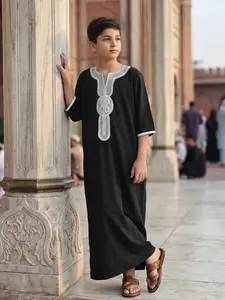 Moroccan Style Three Quarter Sleeve V Neck Boys' Kandura, Elegant Embroidery with Side Pockets, Ideal for Ramadan/eid Gifts, Ages 8-12
