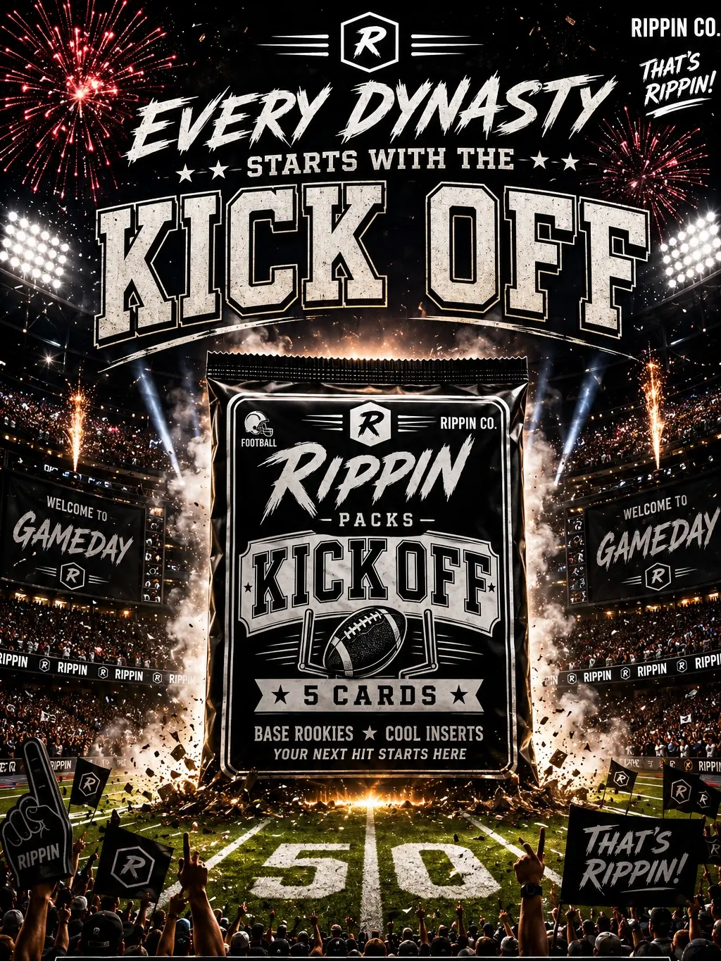 Rippin Sports Cards Kick Off Football Mystery Repack - 5 Total Cards: 2 Rookies, 3 Inserts