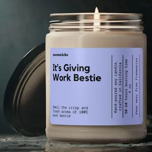 It's Giving Work Bestie Soy Wax Candle - 50-60 Hours Burn Time, 100% Cotton Wick, Reusable Glass Jar, Eco-Friendly Vegan Formula, 9 Scent Options