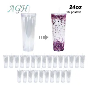 AGH 8/15/25pcs 24oz Acrylic Double Walled Snow Globe Cup Sublimation Plastic Clear Tumbler with Straw Drinkware Wholesale Waterbottletumbler Portable