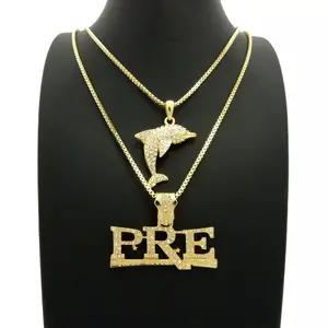 Hip Hop Gold Silver Plated Punk Style Dolphin & PRE Rapper Style Iced Pendant & 20" 24" Box Chain Necklace Daily Birthday Male Anniversary