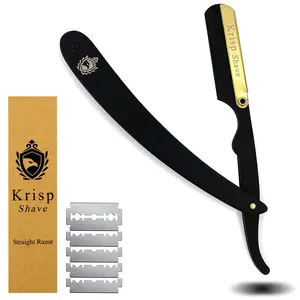 Professional Classic Straight Edge Barber Razor For Close Shaving - Salon Quality Men's Beard Cut Throat Finger Razor Shavette With 10 Shaving Blades By Krisp Beauty Easy to Use Manual Shaving Sensitive Skin Durable Kit Handle Stainless Comfort