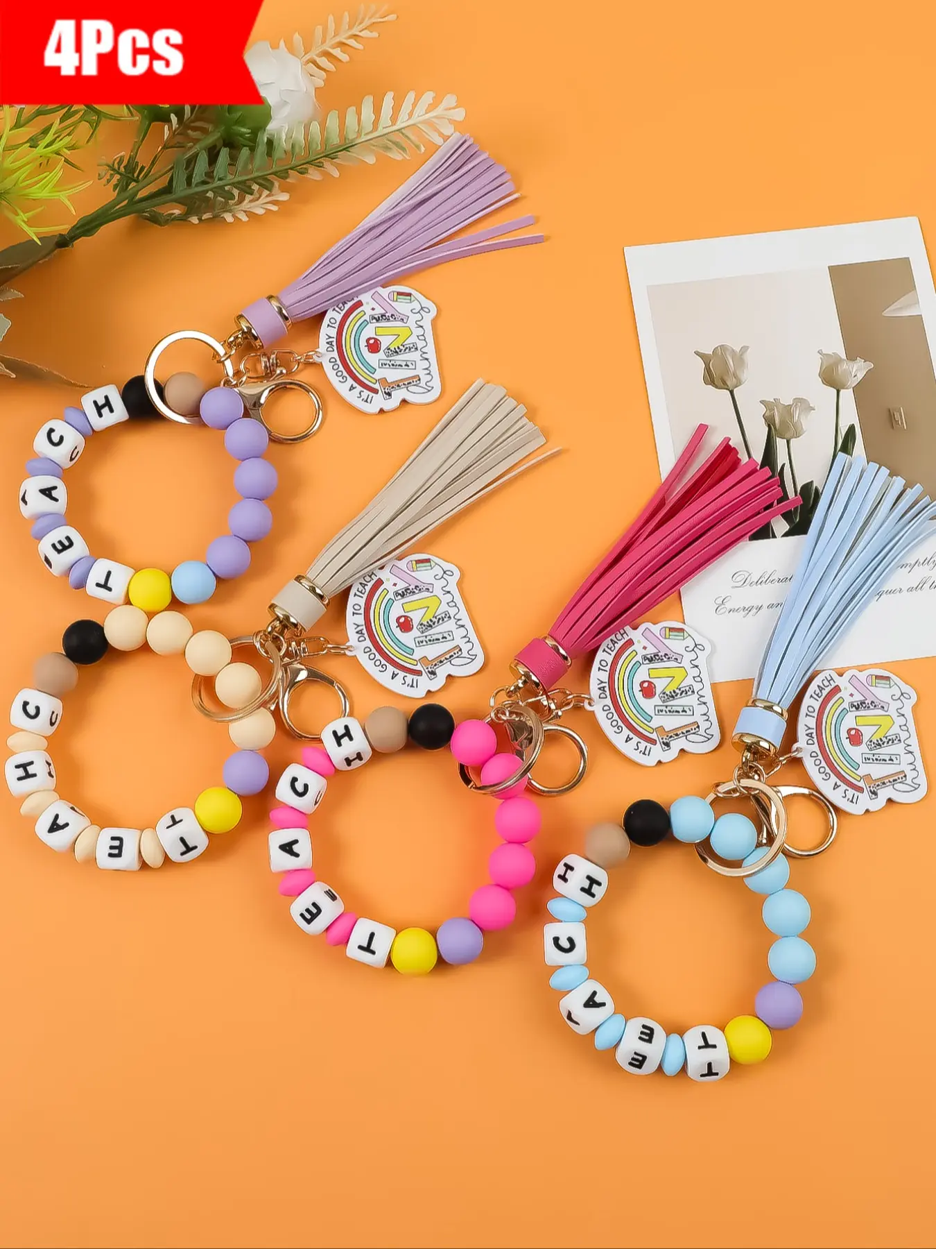 4-Piece Set Colorful Beaded Fringe Keychains with Silicone Letter Teach Design, Women's Bag Charm Car Keychain Gift for Teachers, Teacher Appreciation Day Present Keychain Pendant, Keychain for Bags, Keychain For Purse