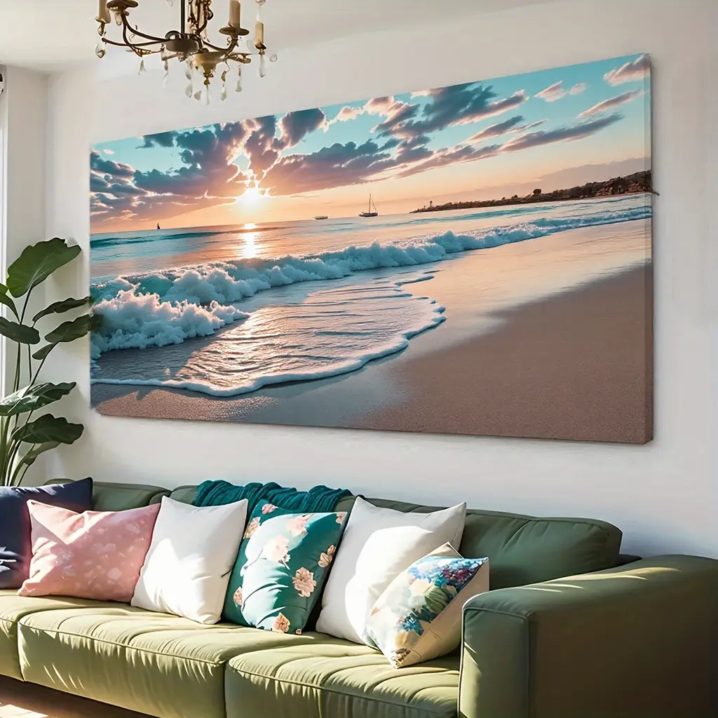 24x48 in Large Mediterranean Canvas Wall Art Painting - Wood-Framed Sunset Landscape Printing, Ready-to-Hang Coastal Decor for Living Room Bedroom, Sunset Calm Vibes Gift for Beach Lovers (4 Sizes, Office-Suitable)
