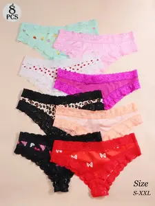 8-Pack Women's Lace Triangle Panties, Sexy Solid Color Design, Fitted & Comfortable All-Season Underwear, Ideal for Casual Wear, Sheer Lace Panty