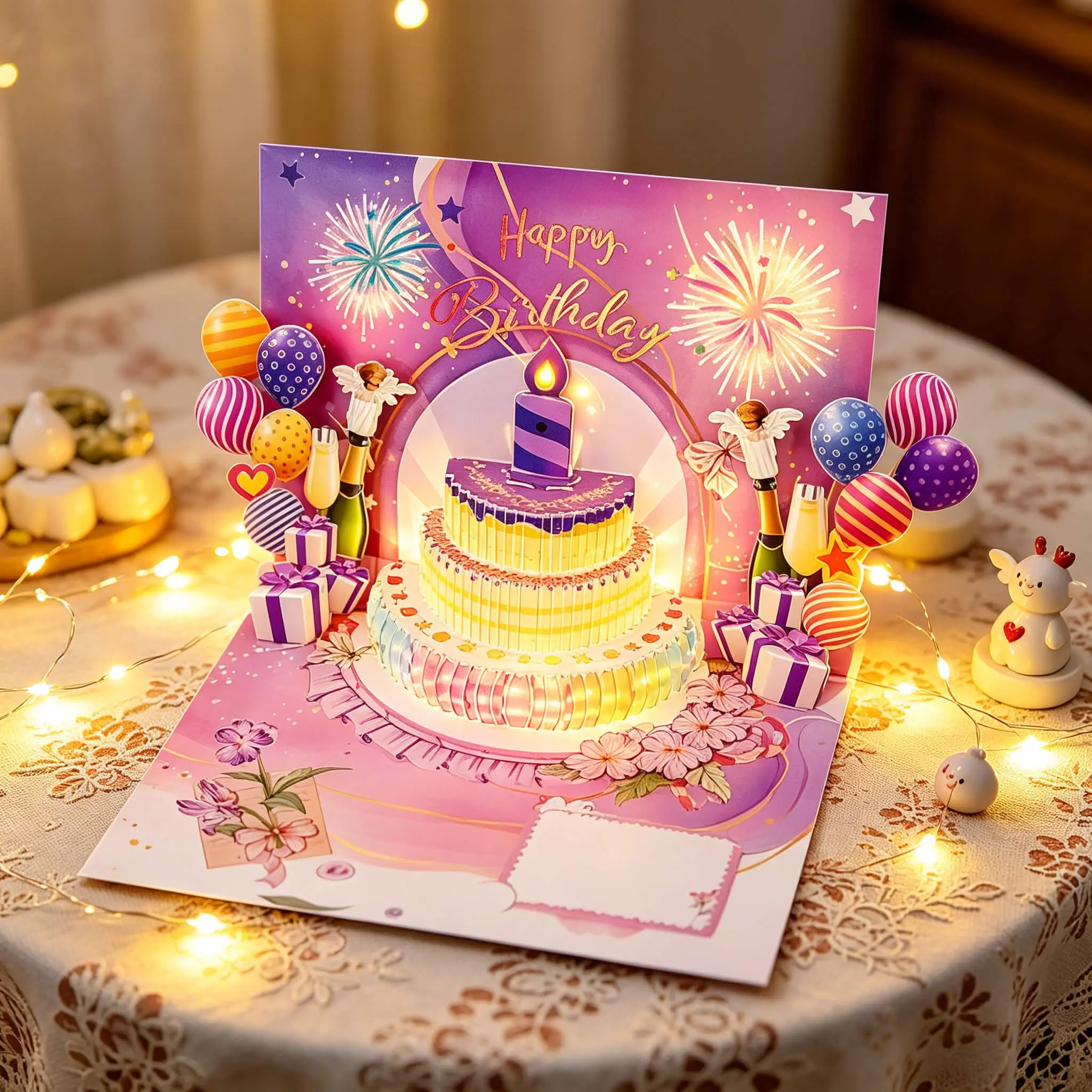 3D Pop Up Birthday Card with Fireworks Music Lights, Musical Birthday Greeting Card with LED Lights & Happy Birthday Song, Handmade Popup Card for Women Men Kids