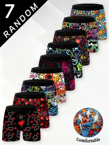 Men's Random 7-Pack Long Boxer Briefs, Fun Heart & Street Graffiti, Breathable Comfort Quick-Dry Elastic Underwear, Casual Fashion Swim Trunks, Casual Style Underwear