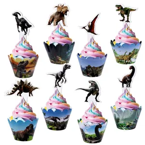 Dinosaur Pattern Cupcake Topper, 48pcs/set Cartoon Dinosaur Cake Decoration, Cake Decoration Supplies for Birthday Party, Party Decoration Supplies