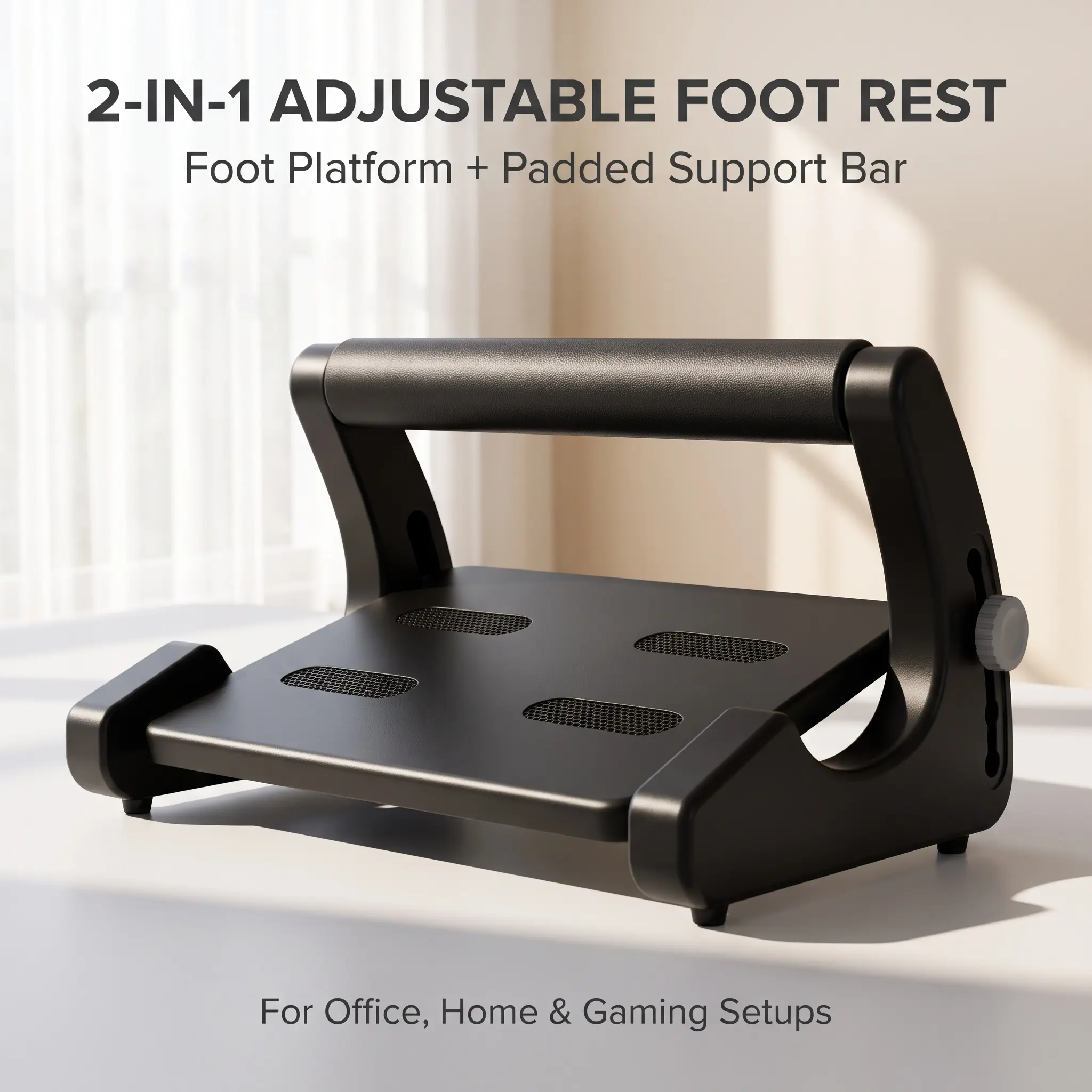 2-in-1 Adjustable Foot Rest Under Desk with Padded Support Bar, Multi-Level Height and Angle Adjustment, Non-Slip Platform for Office, Home and Gaming, Black