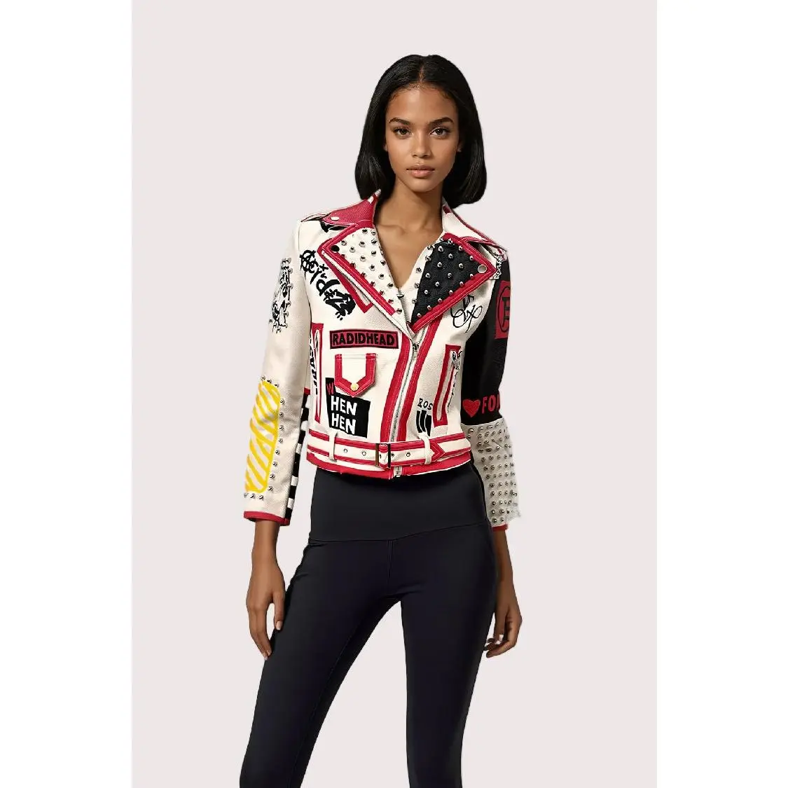TALLY TAYLOR Moto Leather Jacket 81947 - Fitted Long Sleeve Printed Urban Style All Seasons Medium Length Casual Jacket