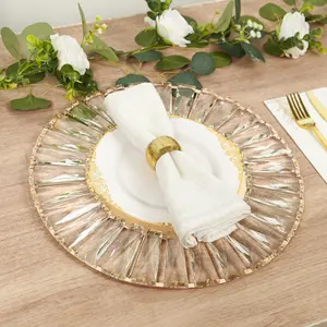 2 Pack 14" Crystal Pendant Metal Charger Plates – Gold Mirror Glass Decorative Round Table Chargers