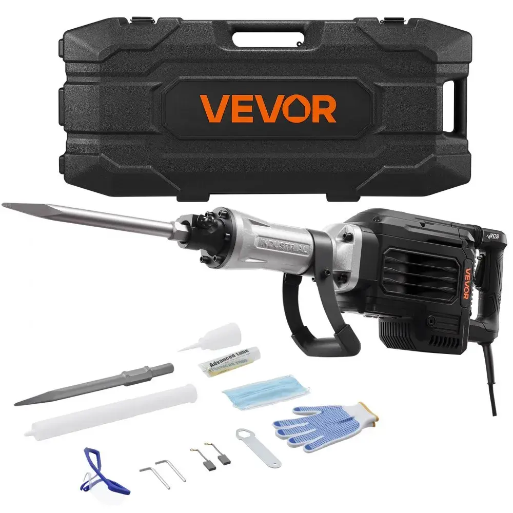 【Summerfinds】VEVOR 3000W Electric Demolition Jack Hammer - 1700 BPM Concrete Breaker, Alloy Steel & Aluminum Alloy Built to Last, Adjustable Grip, Cooling System, Point Chisel, Case, Gloves, Goggles for Home Projects, Brick/Tile, Concrete Wall