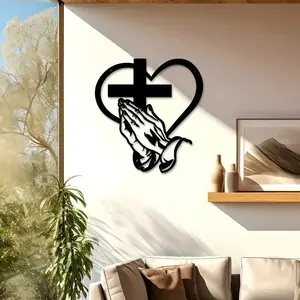 Elegant Metal Christian Religious Heart & Cross Wall Art, 15.74 Inch Praying Hands Design, Indoor Outdoor Iron Sculpture Decor for Living Room Garden Office Farmhouse Prayer Hands