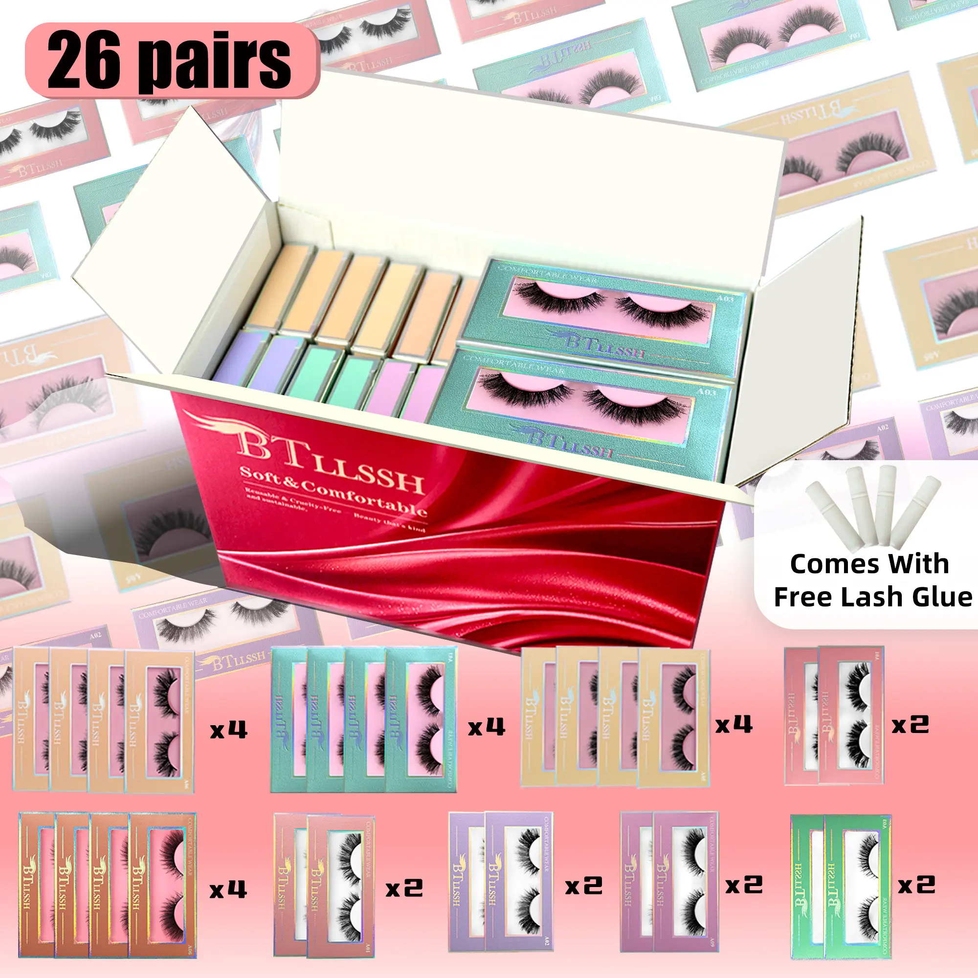 26A2 BTLLSSH 26 Pairs False Eyelashes Limited Festival Gift Set Russian Strip Lashes Curly Natural Look 16mm Curl Mink Eyelash Extension Cat Eye Style Faux Lash Extensions Kit - Makeup Wispy