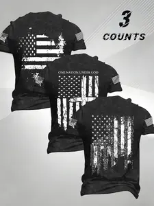 3-Pack Men's Vintage Distressed American Flag Print T-Shirts, Retro Loose-Fit Short Sleeve Tops, Patriotic Daily Wear, Usa Style Clothing