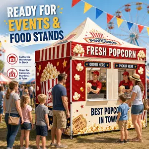 10x10 FT Popcorn Vendor Tent with Sidewalls, Festival Food Tent, Waterproof UV Canopy, 3 Adjustable Heights, 40mm Hex Aluminum Frame, Order & Pickup Windows