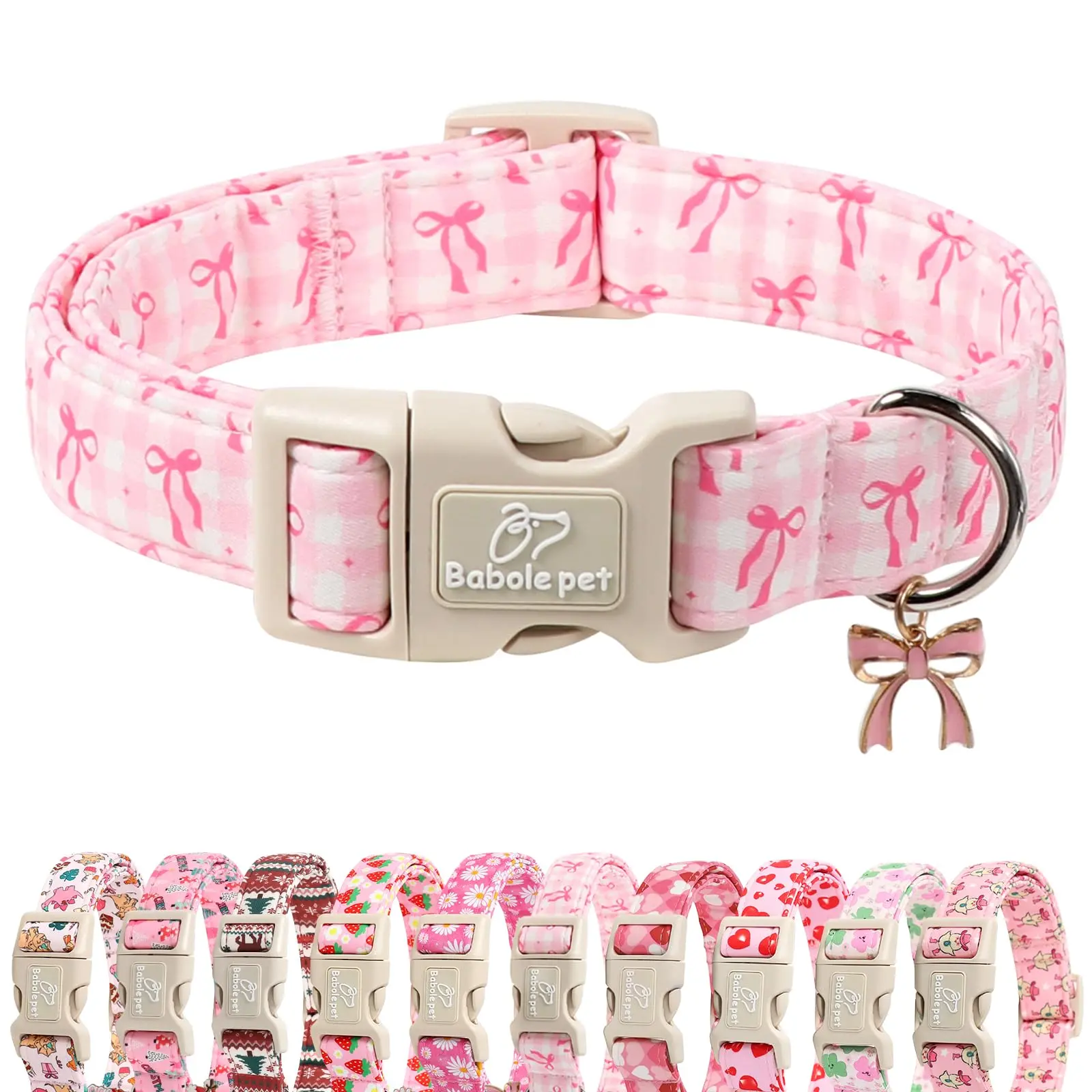 Babole Pet Girl Dog Collar Pink Plaid & Bow Adjustable Puppy Collar with Quick-Release Buckle for Small to Large Dogs tiktokshopbacktoschool