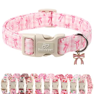Babole Pet Girl Dog Collar Pink Plaid & Bow Adjustable Puppy Collar with Quick-Release Buckle for Small to Large Dogs