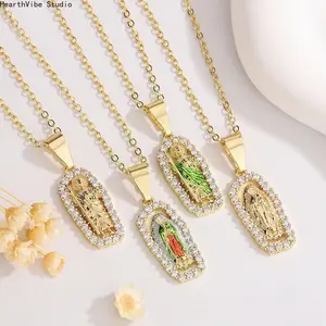 1pc Women's 14K Virgin Mary Mama Our Lady Guadalupe Pendant Necklace, 1.2mm Wave Chain, Unisex Jewelry, 18 Inch, Perfect Religious Gift