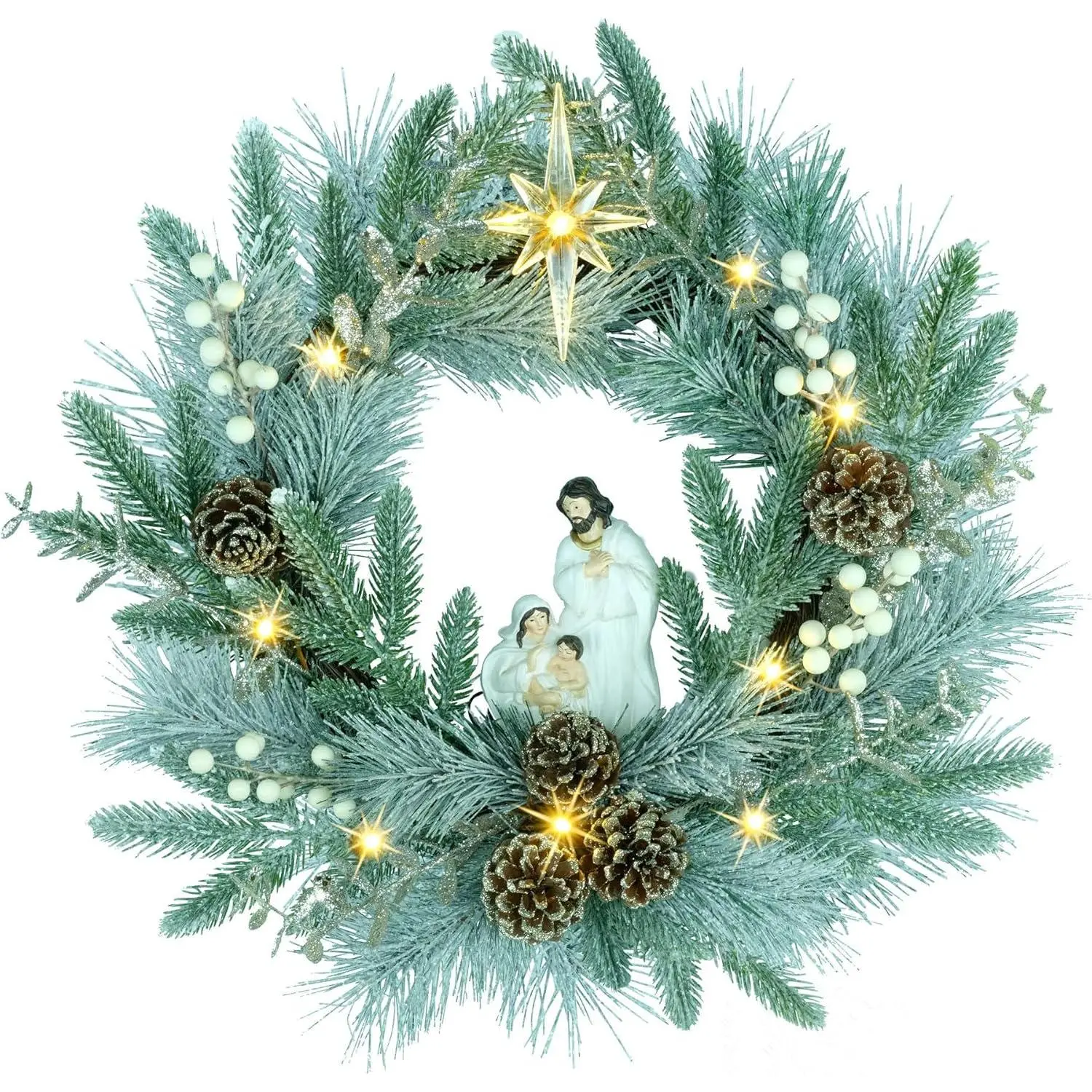 20" Pre-Lit Nativity Wreath, Battery Operated with 10 Fairy Lights, Holy Family Nativity Statue, Star of Bethlehem, Pine Cones, White Mistletoe, Frosted Spruce Branches (Nativity Frosted)