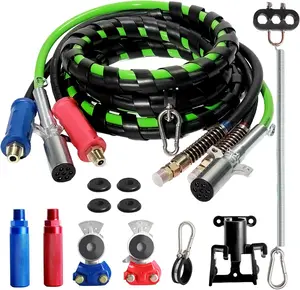 12FT Semi  Air Lines Kit - 3 In 1 Air Hoses Wrap 7 Way Trailer Cord Power Air Line for Semi , Trailer, Tractor, With Gladhands,Handles,Holder,Tender Spring Kit,Seals