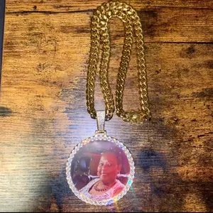 [ICE HUE] Oversized Personalized Custom Memory Photo Pendant - 18K Gold Vacuum Plated Copper, 5A+ Sri Lanka Zircon, Geometric Rhinestone, Big Cuban Links Long Chain Necklace - Men's Accessories, Luxury Costume Jewelry for Daily Wear, Gift