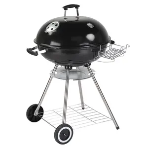 28-Inch Portable Charcoal Kettle Grill with Wheels, Storage Holder, Rack, Porcelain-Enameled Lid, Ash Catcher & Thermometer for Outdoor Party, Camping