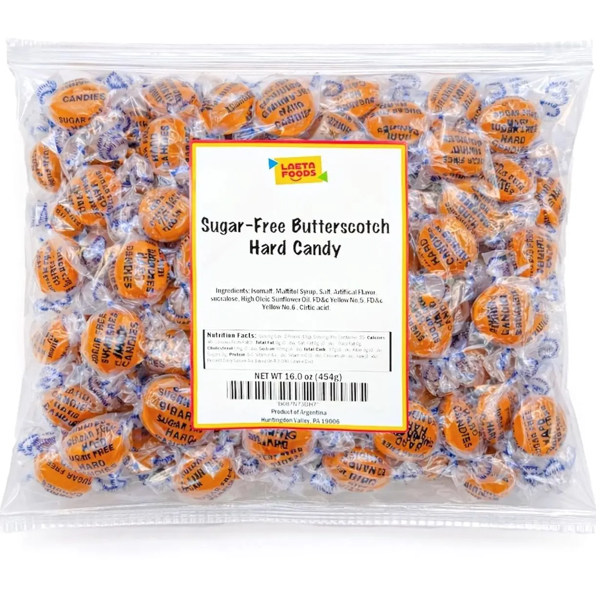 Sugar Free Butterscotch Hard Candy | 1 Lb Bag - Approx. 75 Pieces | Sugarless Candy Individually Wrapped | Old Fashioned Candies for Office Bowls & Sharing